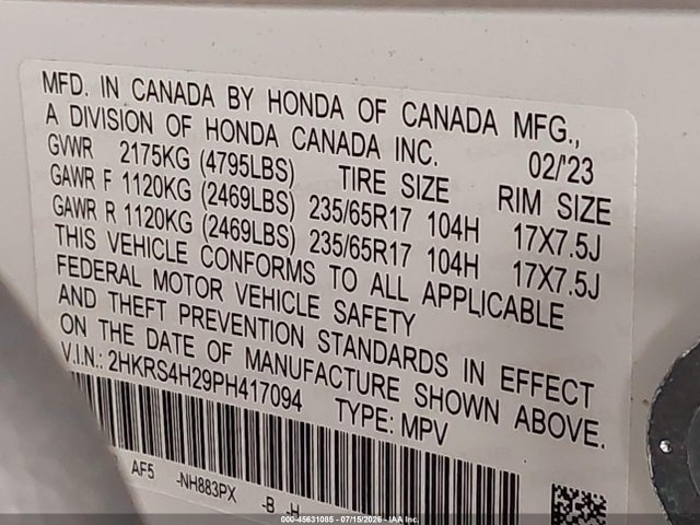 2023 Honda Cr-v Lx Awd მანქანა იყიდება აუქციონზე, vin: 2HKRS4H29PH417094, აუქციონის ნომერი: 45631085