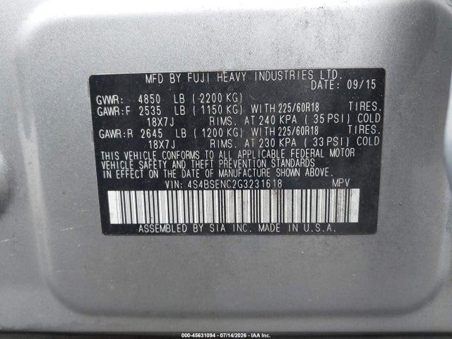 Aukcja sprzedaży 2016 Subaru Outback 3.6r Limited, vin: 4S4BSENC2G3231618, numer aukcji: 45631094