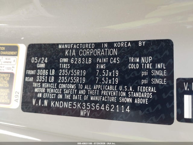 Продажа на аукционе авто 2025 Kia Carnival Mpv Sx Prestige, vin: KNDNE5K35S6462114, номер лота: 45631106