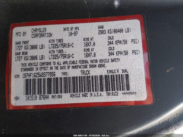 45631108 :رقم المزاد ، 1B7HF16Z5WS577956 vin ، 1998 Dodge Ram 1500 St مزاد بيع