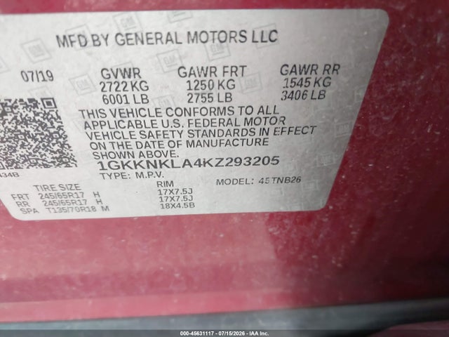 Продажа на аукционе авто 2019 Gmc Acadia Sle-1, vin: 1GKKNKLA4KZ293205, номер лота: 45631117
