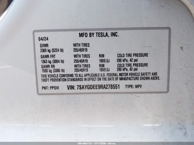 Aukcja sprzedaży 2024 Tesla Model Y Long Range Dual Motor All-wheel Drive, vin: 7SAYGDEE9RA278551, numer aukcji: 45631121