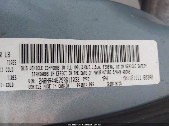 45631125 :رقم المزاد ، 2A8HR44E79R611032 vin ، 2009 Chrysler Town & Country Lx مزاد بيع
