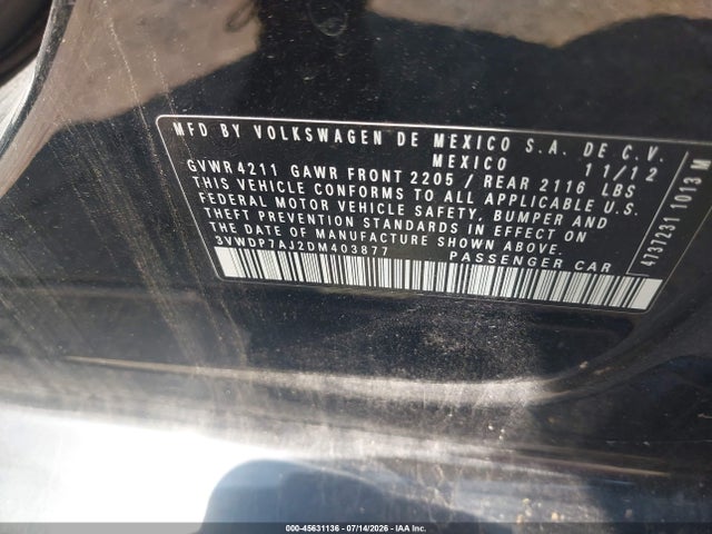 Aukcja sprzedaży 2013 Volkswagen Jetta 2.5l Se, vin: 3VWDP7AJ2DM403877, numer aukcji: 45631136