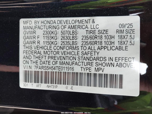 2026 Honda Cr-v Hybrid 2wd Sport მანქანა იყიდება აუქციონზე, vin: 7FARS5H54TE011916, აუქციონის ნომერი: 45631153