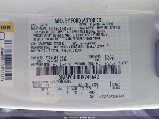 3FA6P0UU0JR243642 Ford Fusion Hybrid S