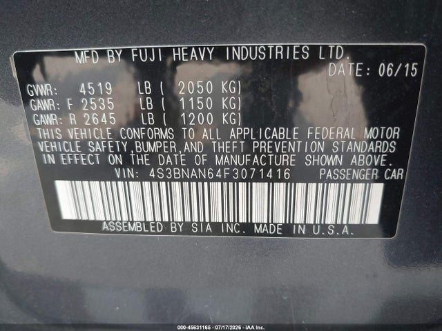 Aukcja sprzedaży 2015 Subaru Legacy 2.5i Limited, vin: 4S3BNAN64F3071416, numer aukcji: 45631165