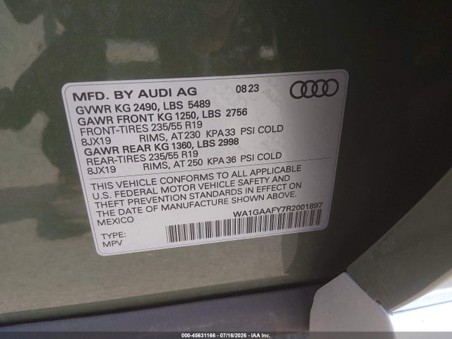 2024 Audi Q5 Premium 45 Tfsi S Line Quattro მანქანა იყიდება აუქციონზე, vin: WA1GAAFY7R2001897, აუქციონის ნომერი: 45631166