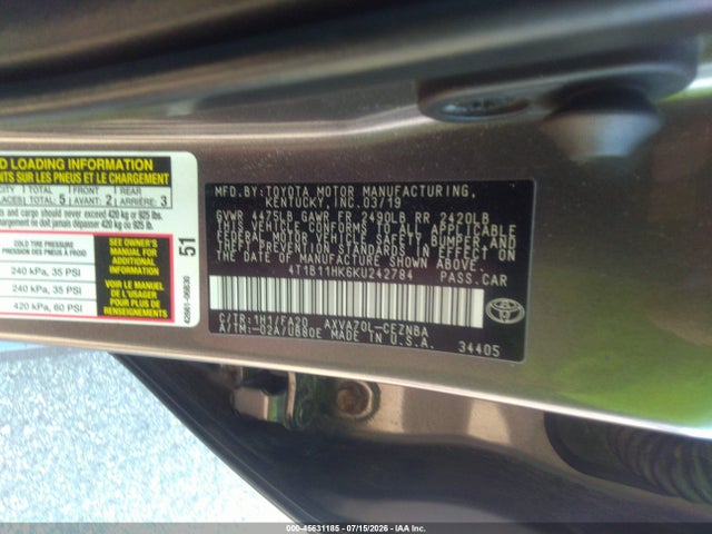Auction sale of the 2019 Toyota Camry Le, vin: 4T1B11HK6KU242784, lot number: 45631185