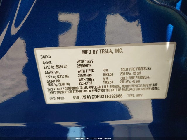 Aukcja sprzedaży 2026 Tesla Model Y Premium Rear-wheel Drive/rear-wheel Drive, vin: 7SAYGDEDXTF392866, numer aukcji: 45631191