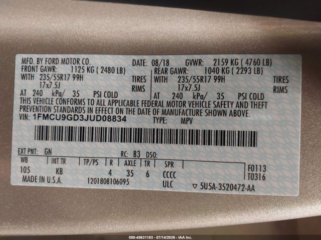 Ford ESCAPE SE 2018 1FMCU9GD3JUD08834 Image 9