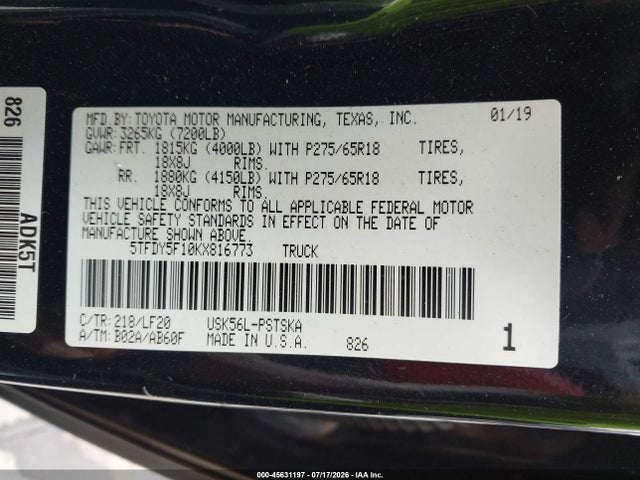 2019 Toyota Tundra Trd Pro 5.7l V8 მანქანა იყიდება აუქციონზე, vin: 5TFDY5F10KX816773, აუქციონის ნომერი: 45631197