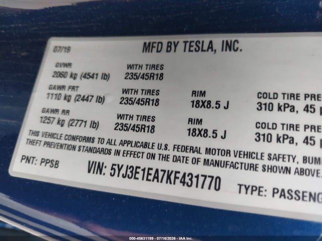45631199 :رقم المزاد ، 5YJ3E1EA7KF431770 vin ، 2019 Tesla Model 3 Long Range/mid Range/standard Range/standard Range Plus مزاد بيع