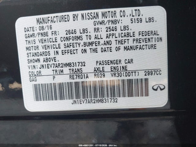 Продаж на аукціоні авто 2017 Infiniti Q50 3.0t Sport, vin: JN1EV7AR2HM831732, номер лоту: 45631201