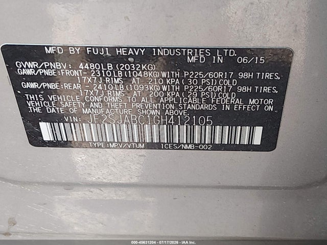 Продажа на аукционе авто 2016 Subaru Forester 2.5i, vin: JF2SJABC1GH412105, номер лота: 45631204