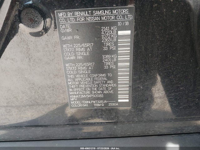 45631219 :رقم المزاد ، KNMAT2MV5KP505183 vin ، 2019 Nissan Rogue S مزاد بيع