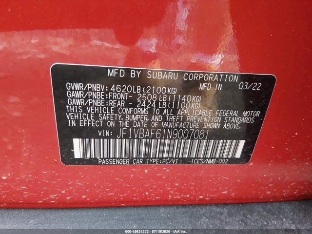 2022 Subaru Wrx Premium მანქანა იყიდება აუქციონზე, vin: JF1VBAF61N9007081, აუქციონის ნომერი: 45631222