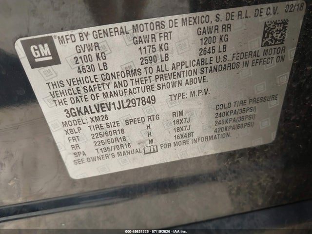 45631225 :رقم المزاد ، 3GKALVEV1JL297849 vin ، 2018 Gmc Terrain Slt مزاد بيع