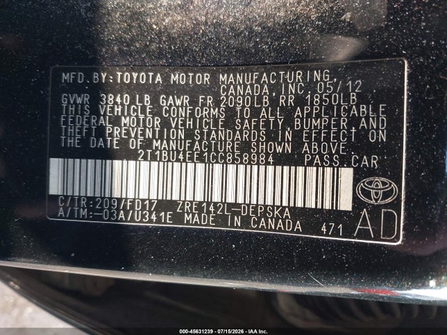 45631239 :رقم المزاد ، 2T1BU4EE1CC858984 vin ، 2012 Toyota Corolla S مزاد بيع