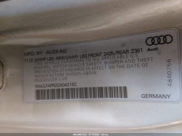 Продажа на аукционе авто 2013 Audi A5 2.0t Premium, vin: WAULFAFR2DA043162, номер лота: 45631242