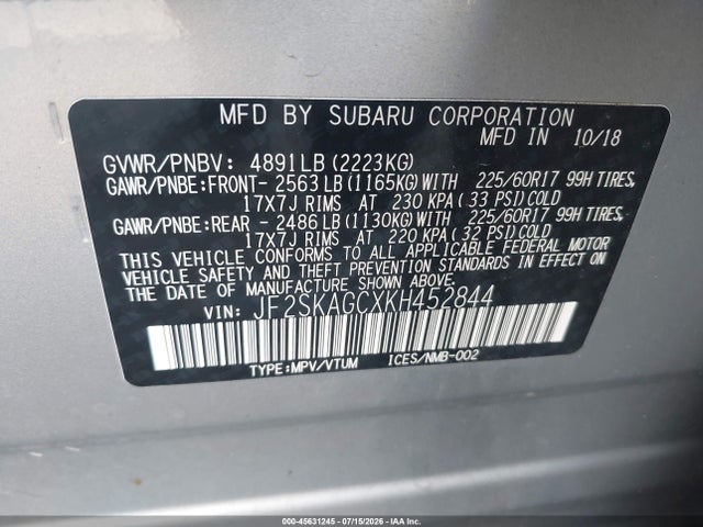 45631245 :رقم المزاد ، JF2SKAGCXKH452844 vin ، 2019 Subaru Forester Premium مزاد بيع
