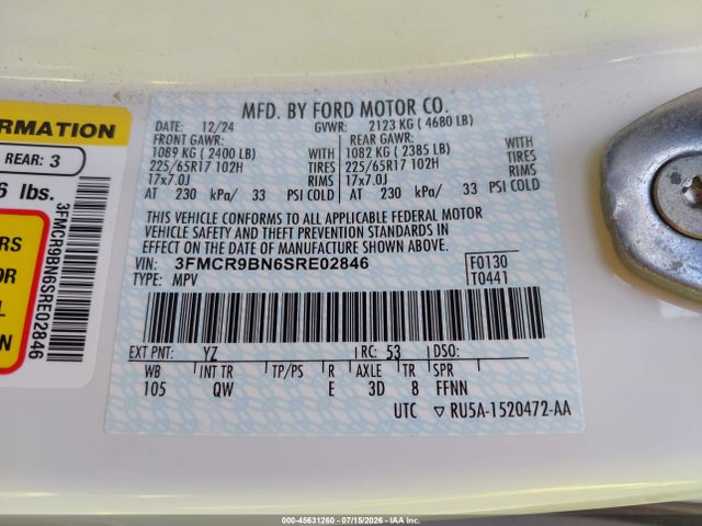 45631260 :رقم المزاد ، 3FMCR9BN6SRE02846 vin ، 2025 Ford Bronco Sport Big Bend مزاد بيع