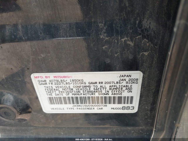 45631269 :رقم المزاد ، JA3AU16U09U000738 vin ، 2009 Mitsubishi Lancer De مزاد بيع