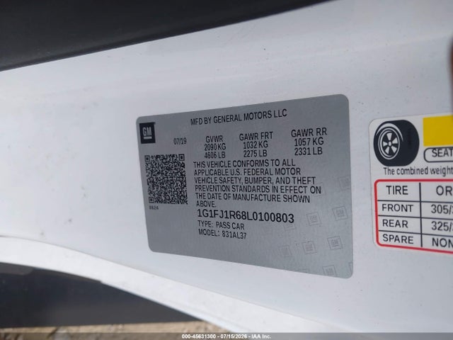 Aukcja sprzedaży 2020 Chevrolet Camaro Rwd  Zl1, vin: 1G1FJ1R68L0100803, numer aukcji: 45631300