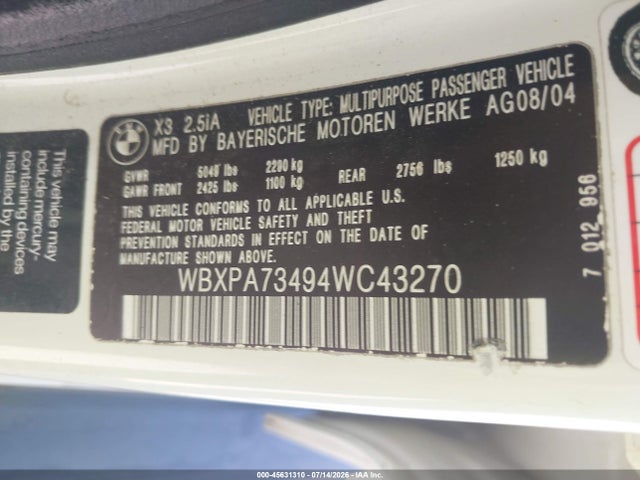 2004 Bmw X3 2.5i მანქანა იყიდება აუქციონზე, vin: WBXPA73494WC43270, აუქციონის ნომერი: 45631310
