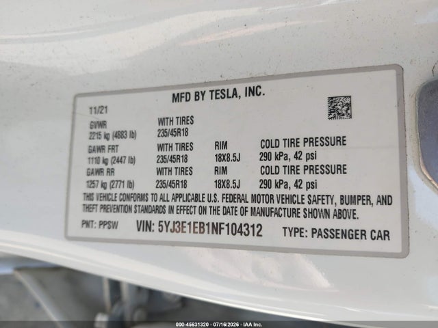 2022 Tesla Model 3 Long Range Dual Motor All-wheel Drive მანქანა იყიდება აუქციონზე, vin: 5YJ3E1EB1NF104312, აუქციონის ნომერი: 45631320