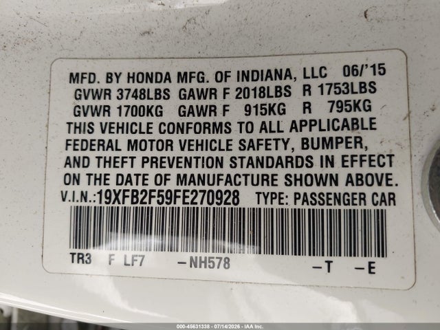 Honda Civic Lx 2015 19XFB2F59FE270928 Image 9