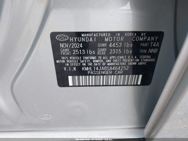 2025 Hyundai Sonata Sel Convenience მანქანა იყიდება აუქციონზე, vin: KMHL14JA8SA464252, აუქციონის ნომერი: 45631346