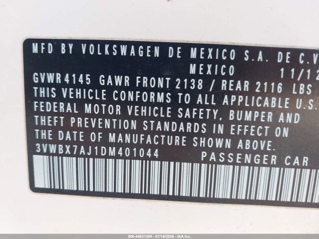 Продаж на аукціоні авто 2013 Volkswagen Jetta 2.5l Se, vin: 3VWBX7AJ1DM401044, номер лоту: 45631380