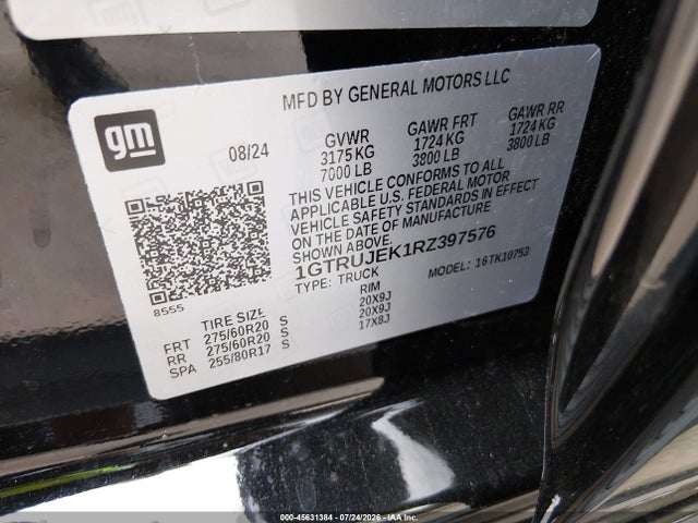 Aukcja sprzedaży 2024 Gmc Sierra 1500, vin: 1GTRUJEK1RZ397576, numer aukcji: 45631384