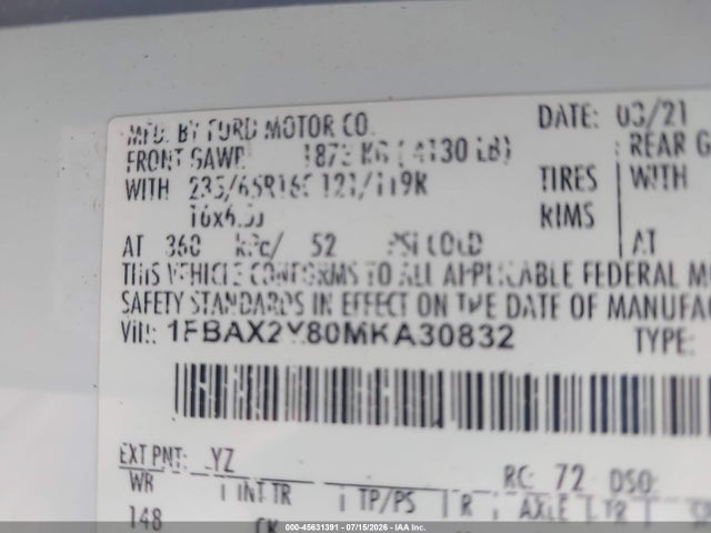 45631391 :رقم المزاد ، 1FBAX2Y80MKA30832 vin ، 2021 Ford Transit-350 Passenger Van Xl/xlt مزاد بيع