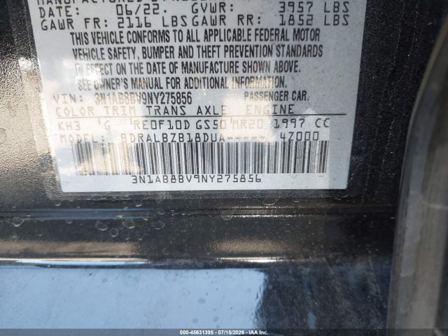 3N1AB8BV9NY275856 Nissan Sentra S Xtronic Cvt