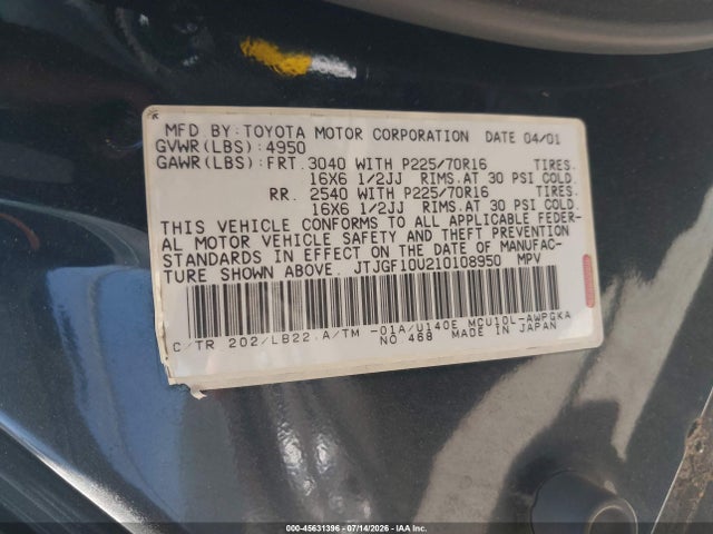 Aukcja sprzedaży 2001 Lexus Rx 300, vin: JTJGF10U210108950, numer aukcji: 45631396