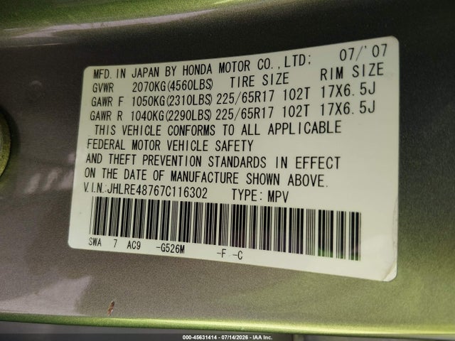Продаж на аукціоні авто 2007 Honda Cr-v Ex-l, vin: JHLRE48767C116302, номер лоту: 45631414