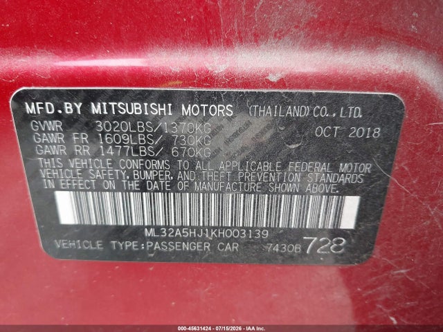 45631424 :رقم المزاد ، ML32A5HJ1KH003139 vin ، 2019 Mitsubishi Mirage Gt مزاد بيع