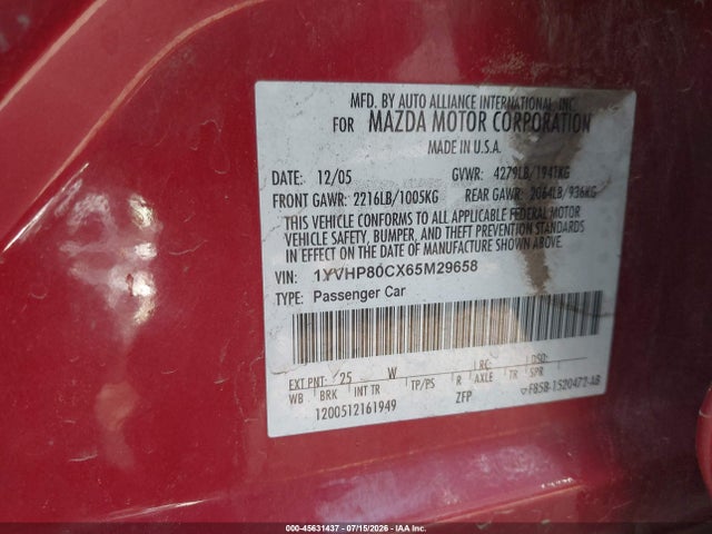 Aukcja sprzedaży 2006 Mazda Mazda6 Sport I, vin: 1YVHP80CX65M29658, numer aukcji: 45631437