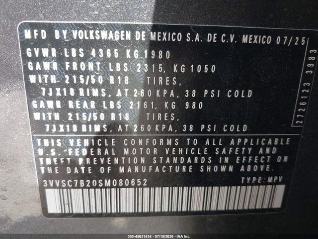 45631438 :رقم المزاد ، 3VVSC7B20SM080652 vin ، 2025 Volkswagen Taos 1.5t Se مزاد بيع