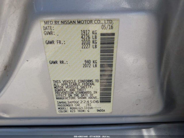 1N4AL3AP0GC224506 Nissan Altima 2.5/2.5 S/2.5 Sl/2.5 Sr/2.5 Sv