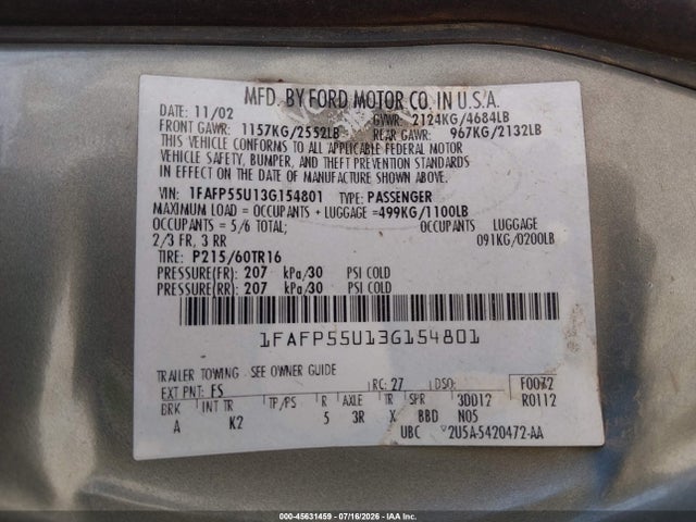 Aukcja sprzedaży 2003 Ford Taurus Ses, vin: 1FAFP55U13G154801, numer aukcji: 45631459