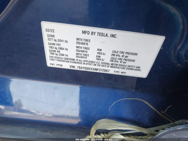 45631466 :رقم المزاد ، 7SAYGDEE6NF372867 vin ، 2022 Tesla Model Y Long Range Dual Motor All-wheel Drive مزاد بيع