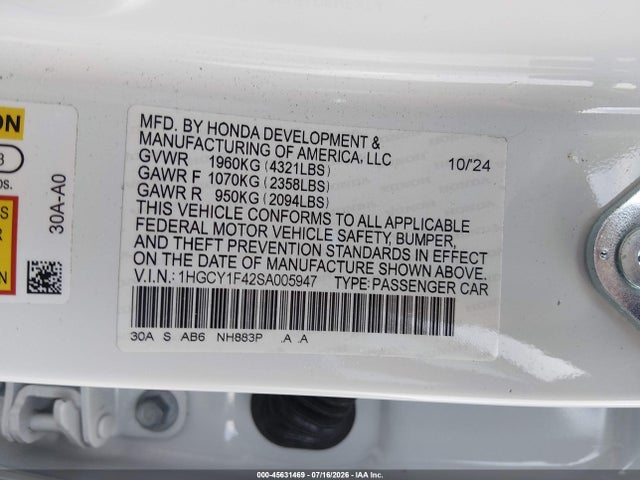 Продаж на аукціоні авто 2025 Honda Accord Se, vin: 1HGCY1F42SA005947, номер лоту: 45631469