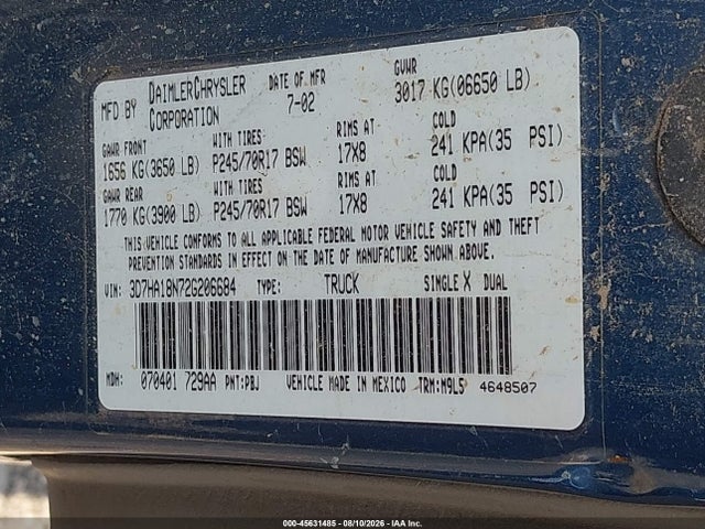 45631485 :رقم المزاد ، 3D7HA18N72G206684 vin ، 2002 Dodge Ram 1500 St مزاد بيع