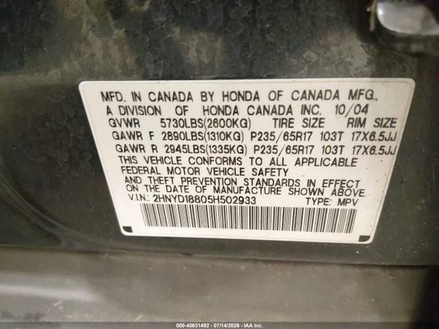 45631492 :رقم المزاد ، 2HNYD18805H502933 vin ، 2005 Acura Mdx مزاد بيع