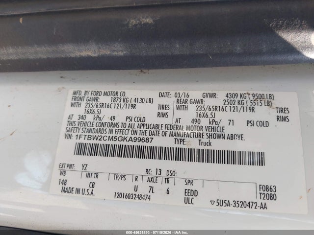 Auction sale of the 2016 Ford Transit-350, vin: 1FTBW2CM5GKA99687, lot number: 45631493