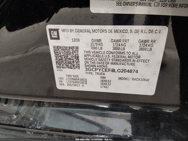 3GCPYCEF8LG204874 Chevrolet Silverado 1500 4wd Short Bed Custom Trail Boss