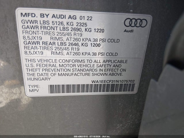 45631515 :رقم المزاد ، WA1EECF31N1075702 vin ، 2022 Audi Q3 Premium Plus 45 Tfsi S Line Quattro Tiptronic مزاد بيع